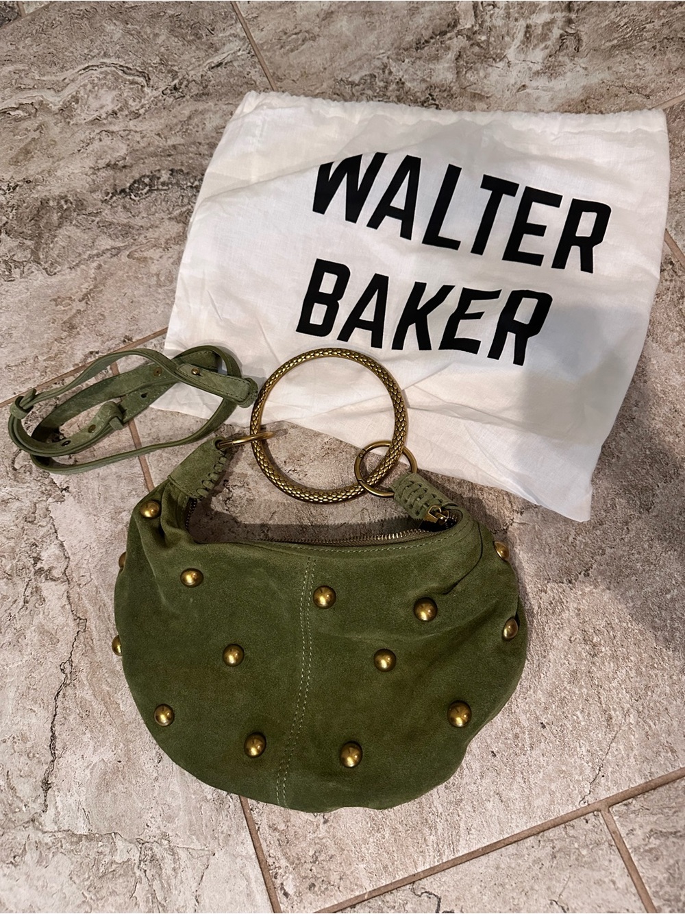 Walter Baker Olive Green Suede Crossbody with Gold Studs & Ring Handle